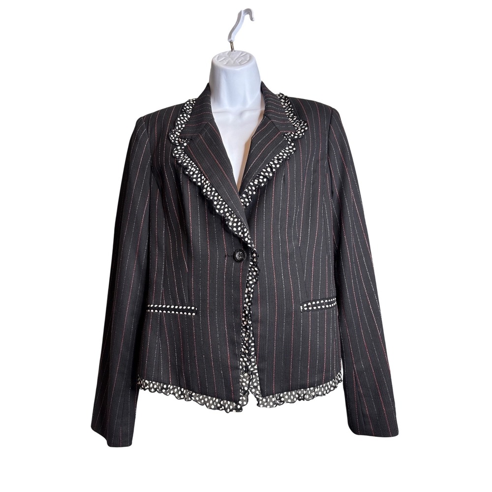 Alberto Makali Womens Pinstripe Blazer Sz 4 Black Polka Dot‎ Ruffled Trim Chic